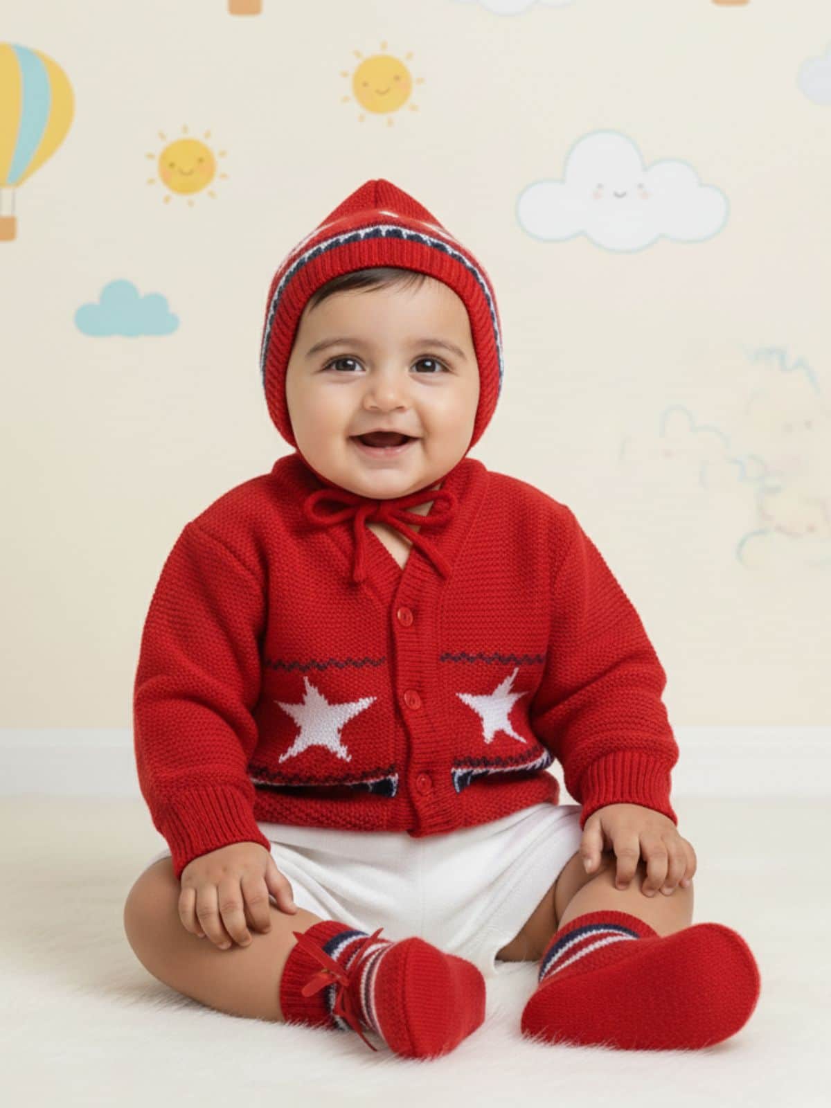 Little Angels Little Angels V-Neck Full Sleeves Full Sleeves Star Cardigan, Tie-Knot Cap and Socks Sweater Sets Mini Explorer Winter Outfit