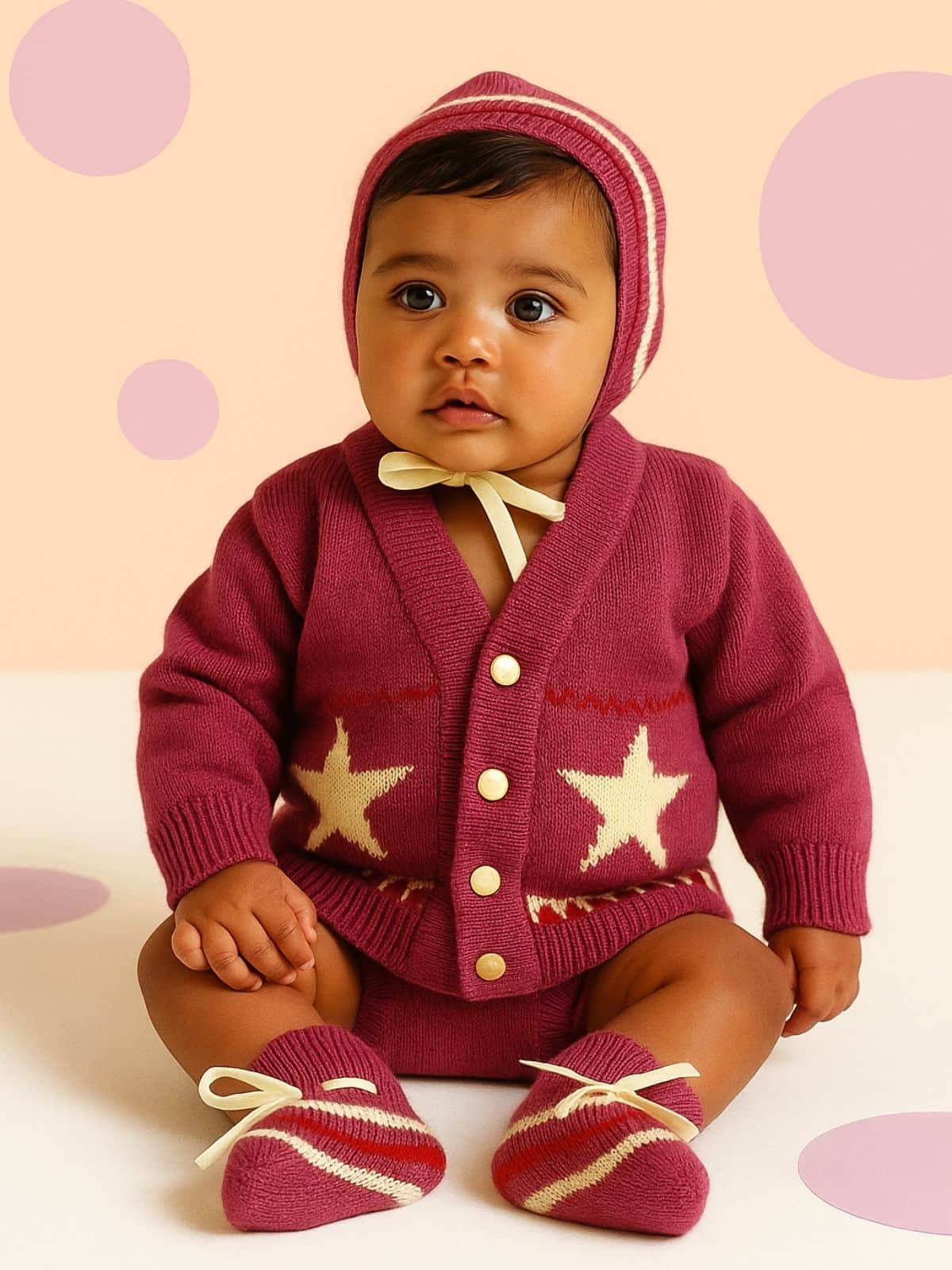 Little Angels Little Angels V-Neck Full Sleeves Full Sleeves Star Cardigan, Tie-Knot Cap and Socks Sweater Sets Mini Explorer Winter Outfit