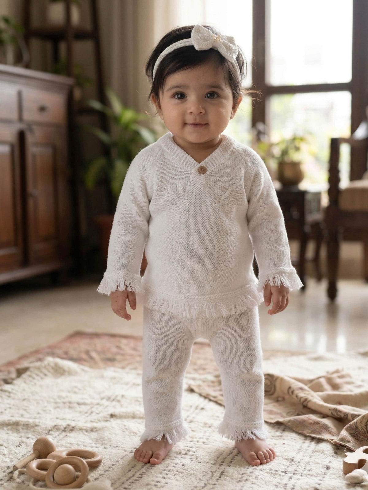 White 2-piece baby wool sweater set for newborn 0-5 years by Little Angels
