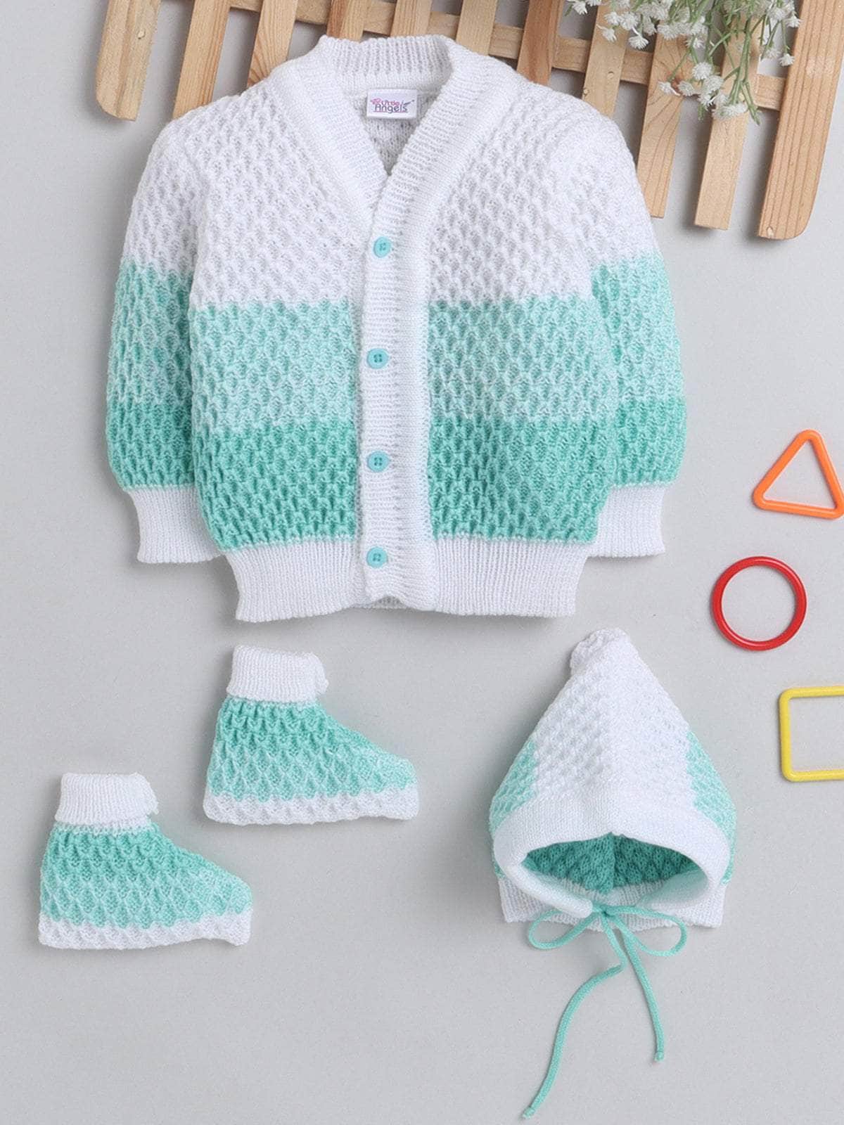 White & Green textured knit 3-piece baby wool sweater set for newborn 0-12 months by Little Angels