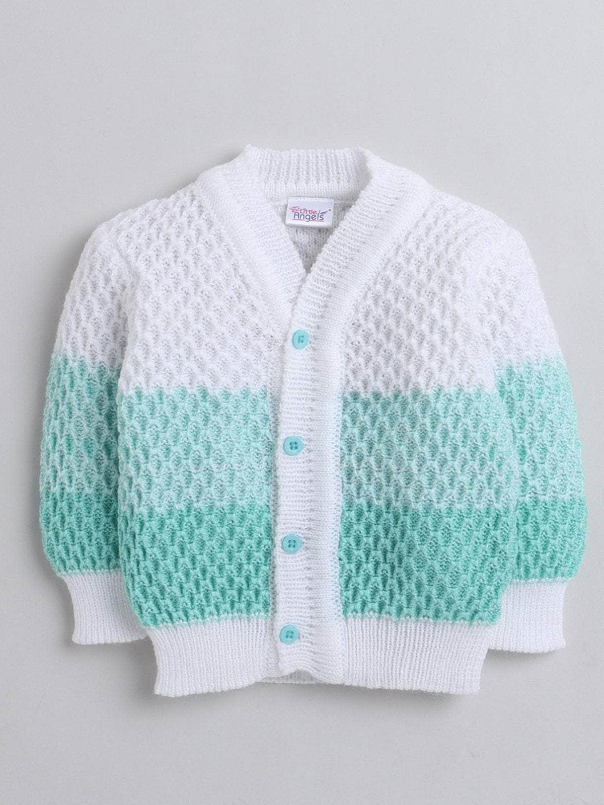 Little Angels Little Angels Sweater Set Baby Wool Full Sleeves V-Neck Textured White & Green 3-Piece Set Sweater Sets Mint Gradient Baby Knitwear Set