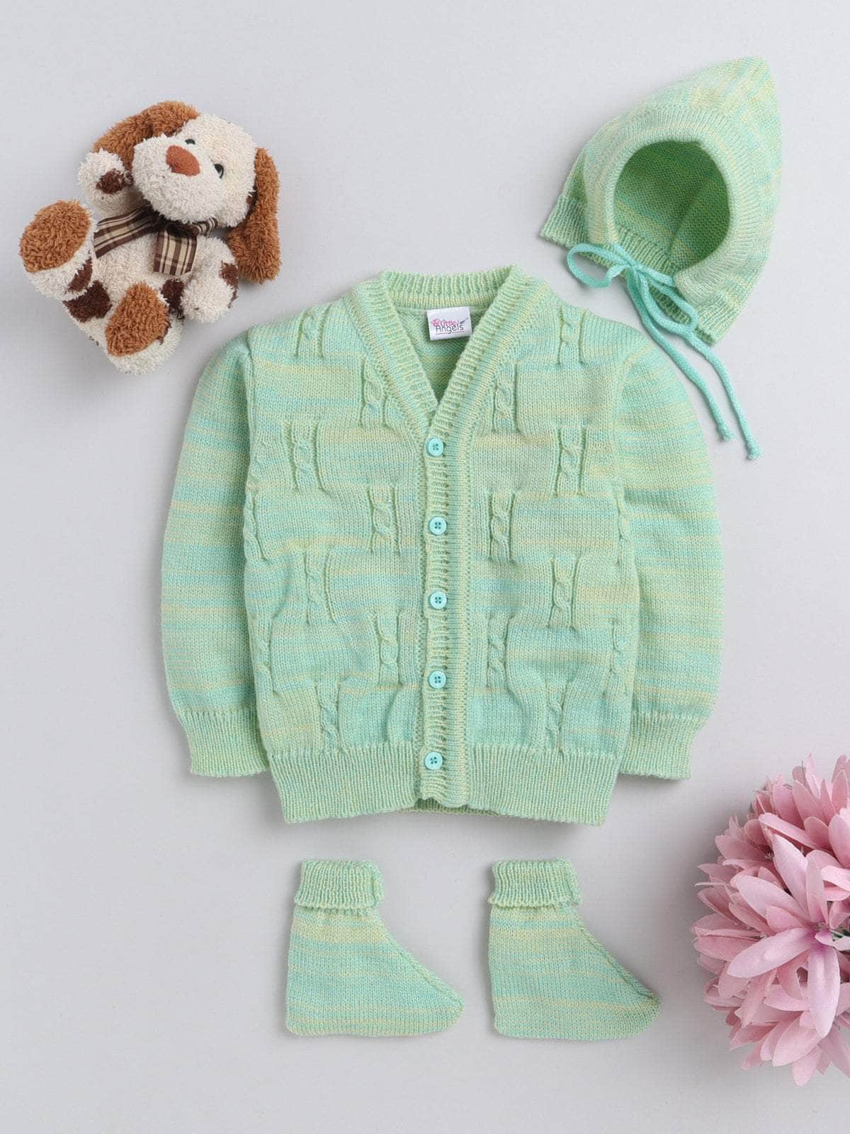 Green fair isle knit 3-piece baby wool sweater set for newborn 0-12 months by Little Angels