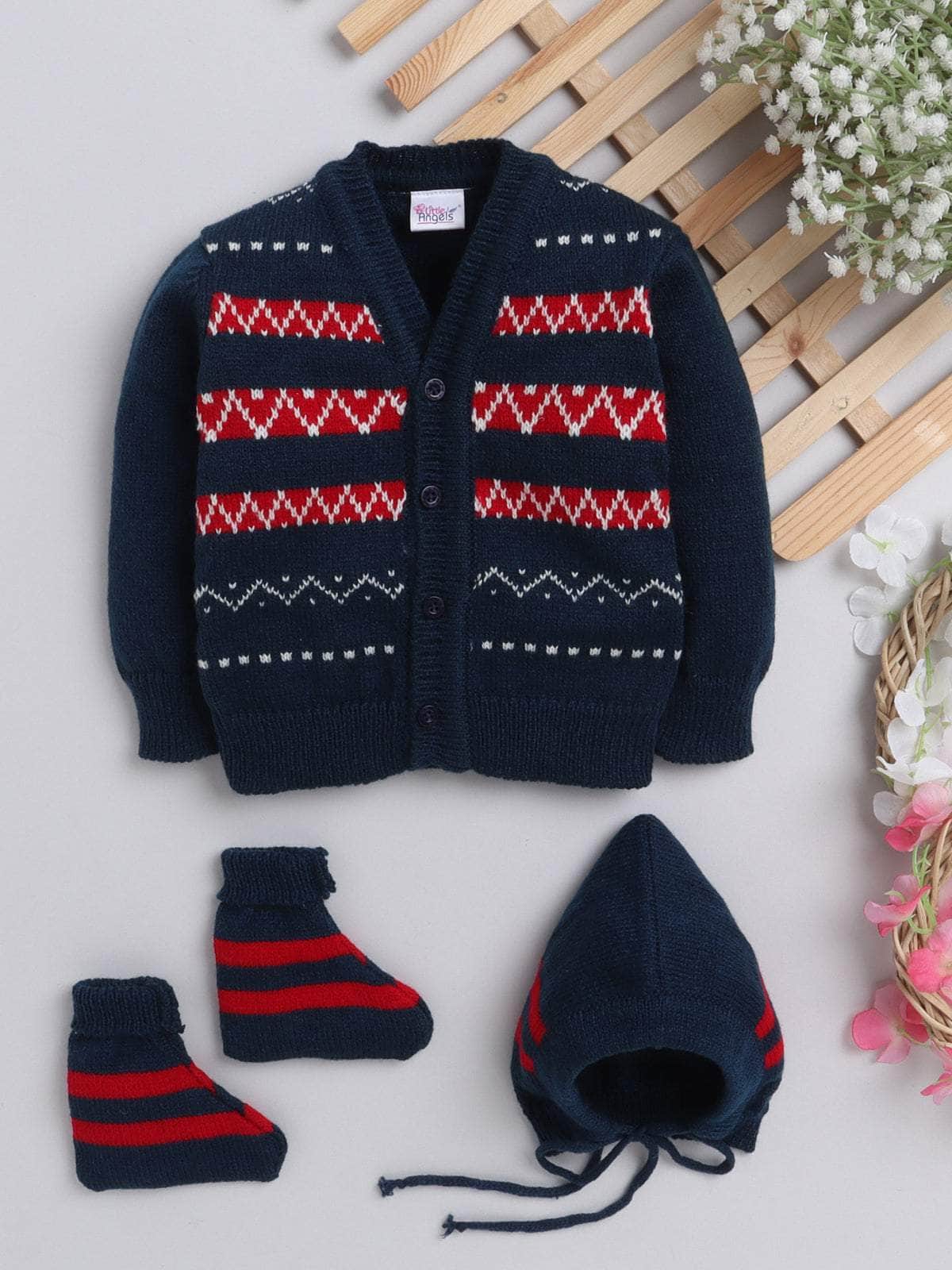 Navy & Red fair isle knit 3-piece baby wool sweater set for newborn 0-12 months by Little Angels