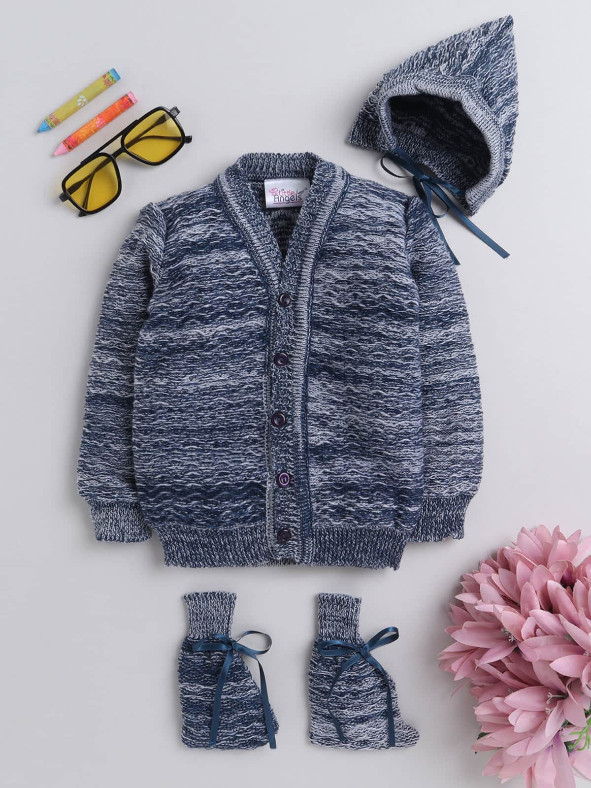Navy 3-piece baby wool sweater set for newborn 0-12 months by Little Angels
