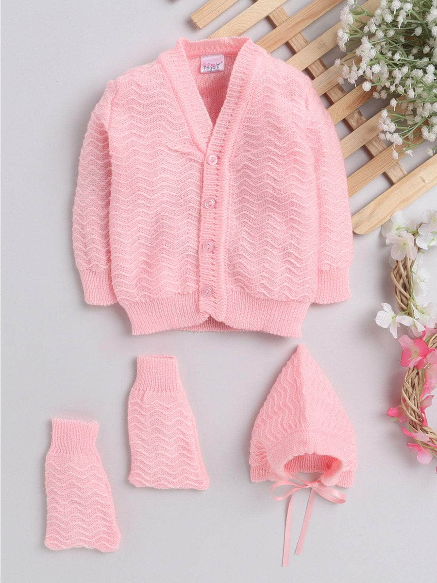 Pink 3-piece baby wool sweater set for baby 3-12 months by Little Angels