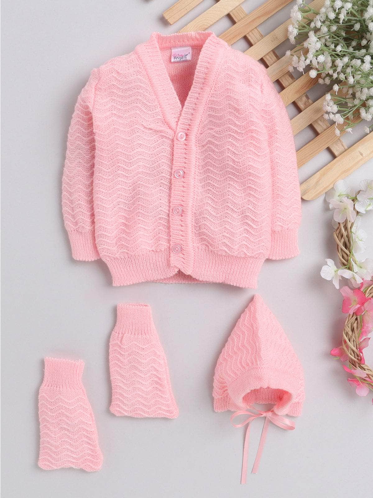 Pink 3-piece baby wool sweater set for baby 3-12 months by Little Angels