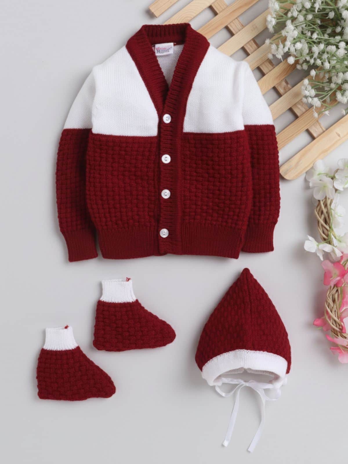 Little Angels Little Angels V-Neck Full Sleeves Full Sleeves Colour-Block Cardigan, Tie-Knot Cap and Socks Sweater Sets Pure Embrace Babywear Set 0-3 M / Wine / Baby Wool