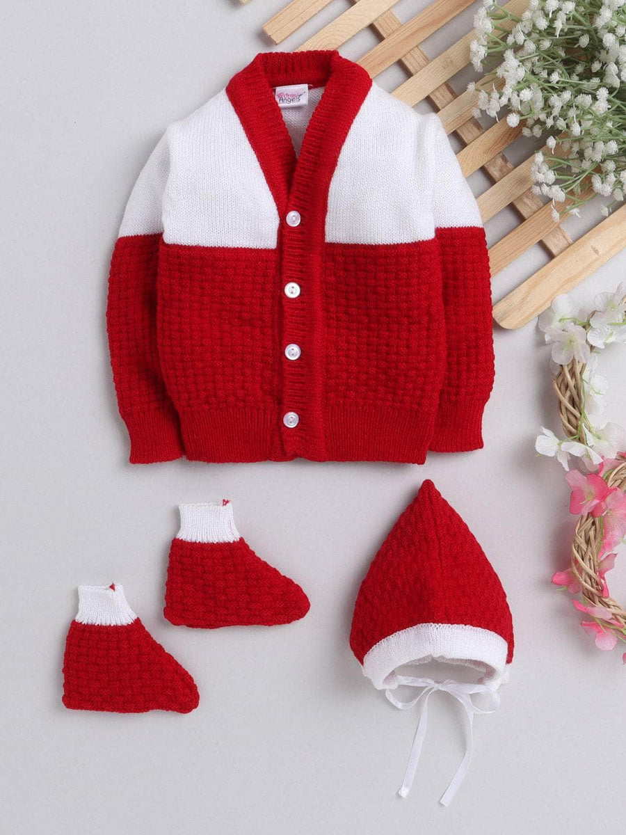 Red colour-block 3-piece baby wool sweater set for newborn 0-12 months by Little Angels