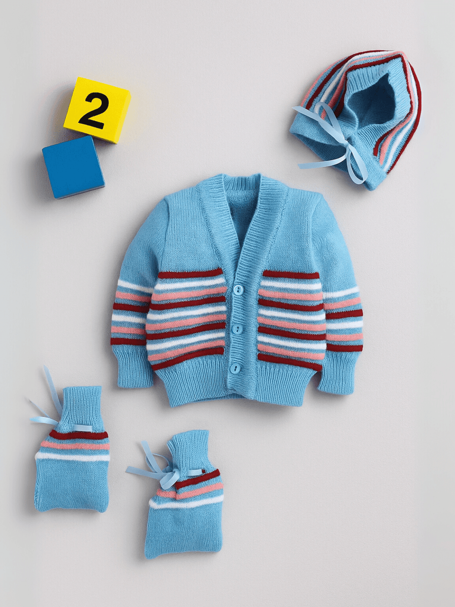 Little Angels Little Angels Sweater Set Baby Wool Full Sleeves V-Neck Bumper Striped Blue 3-Piece Set Sweater Sets Rainbow Snug Bumper Baby Outfit 0-3M / Blue / Baby Wool