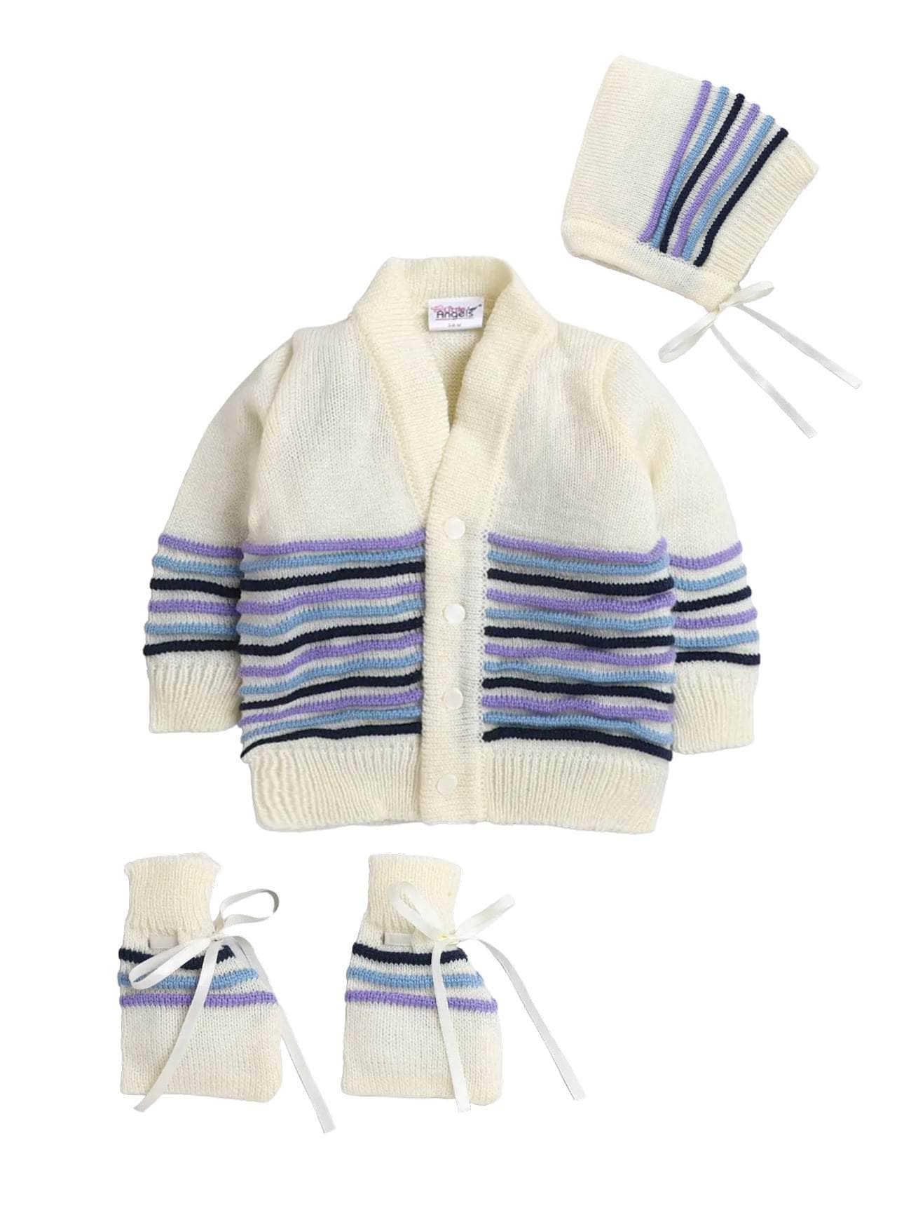 Little Angels Little Angels Sweater Set Baby Wool Full Sleeves V-Neck Bumper Striped Blue 3-Piece Set Sweater Sets Rainbow Snug Bumper Baby Outfit 0-3M / Cream / Baby Wool