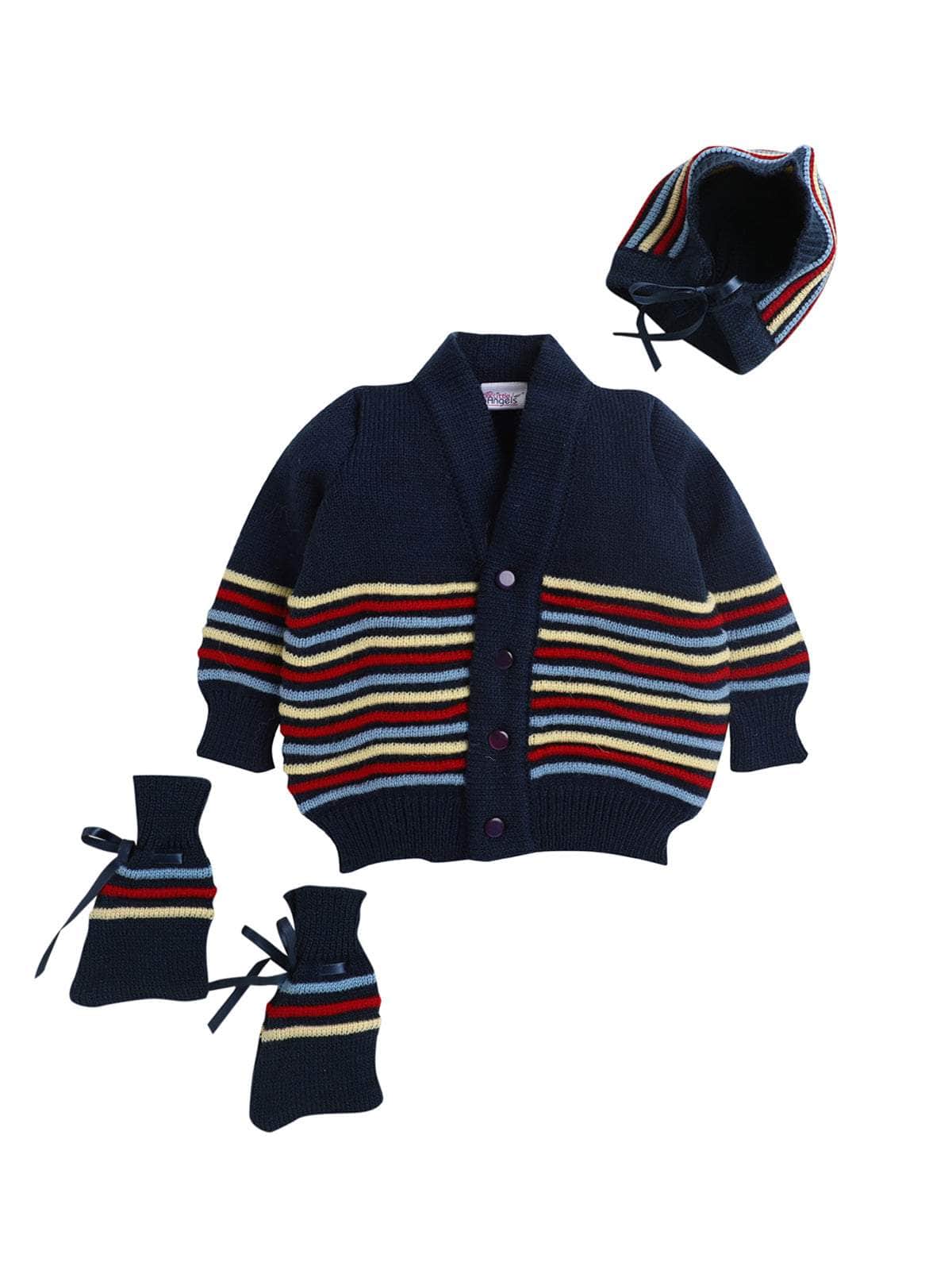 Little Angels Little Angels Sweater Set Baby Wool Full Sleeves V-Neck Bumper Striped Blue 3-Piece Set Sweater Sets Rainbow Snug Bumper Baby Outfit 0-3M / Navy / Baby Wool