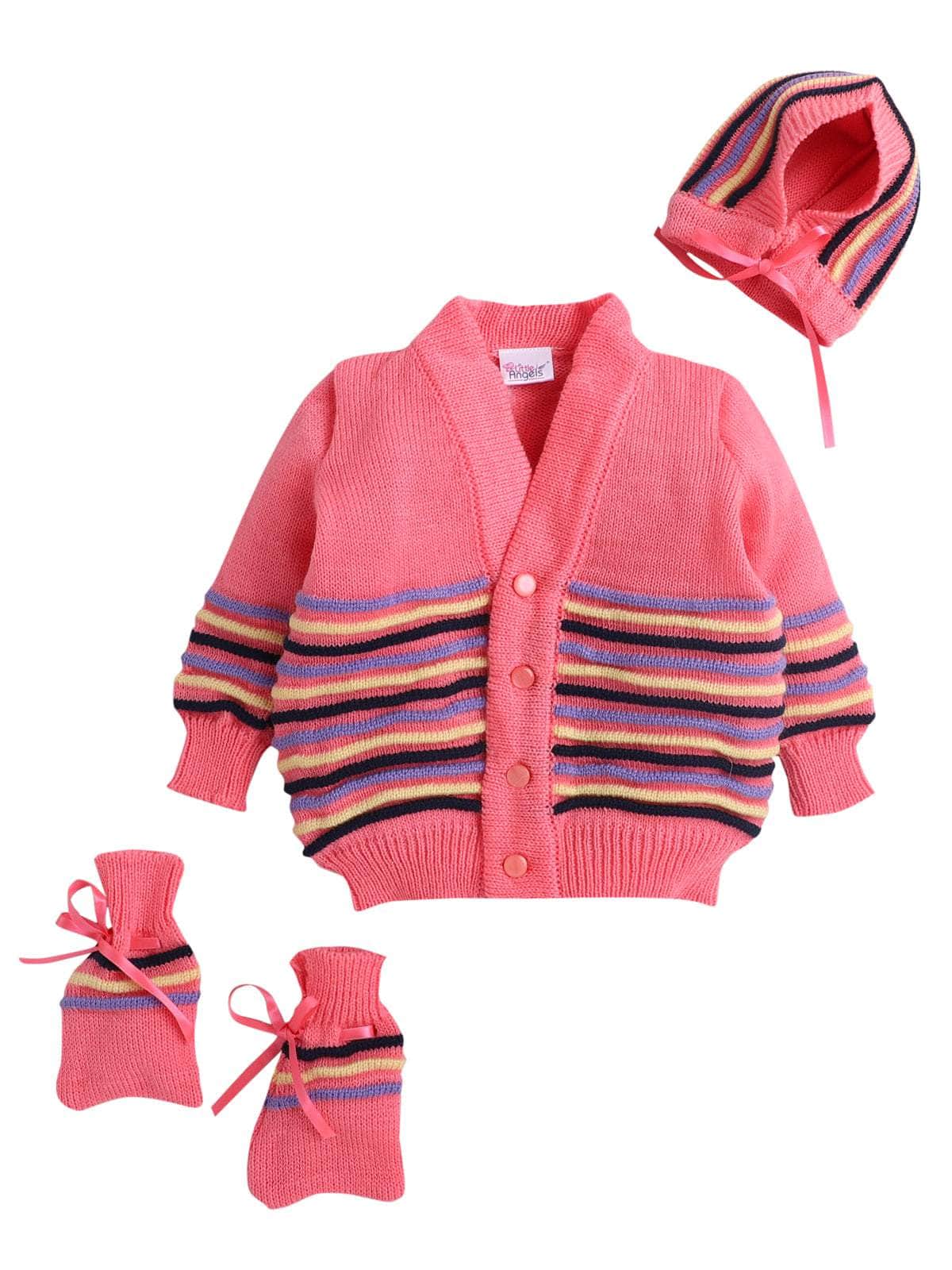 Little Angels Little Angels Sweater Set Baby Wool Full Sleeves V-Neck Bumper Striped Blue 3-Piece Set Sweater Sets Rainbow Snug Bumper Baby Outfit 0-3M / NeonPink / Baby Wool