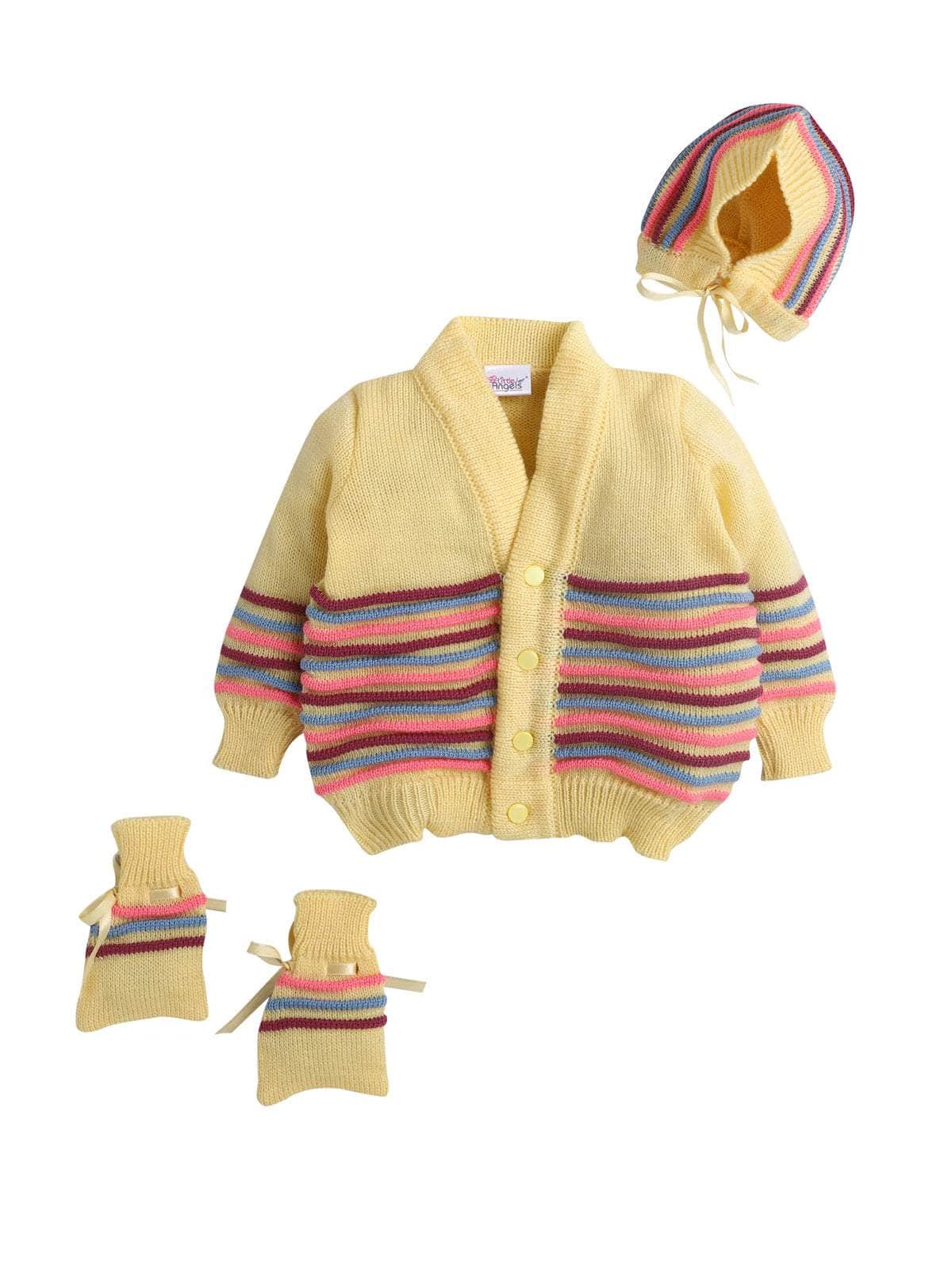 Little Angels Little Angels Sweater Set Baby Wool Full Sleeves V-Neck Bumper Striped Blue 3-Piece Set Sweater Sets Rainbow Snug Bumper Baby Outfit 0-3M / Yellow / Baby Wool