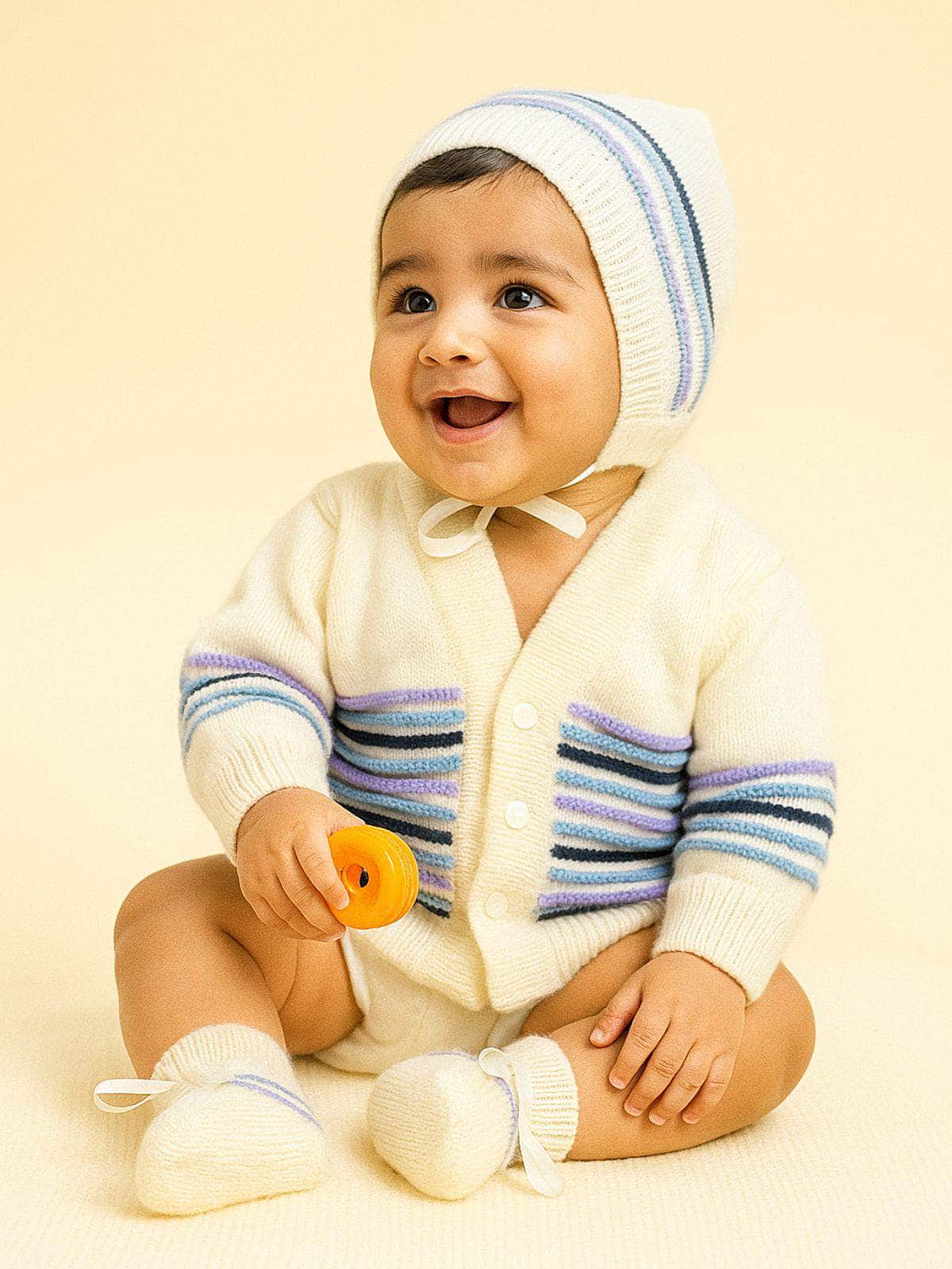Little Angels Little Angels Sweater Set Baby Wool Full Sleeves V-Neck Bumper Striped Blue 3-Piece Set Sweater Sets Rainbow Snug Bumper Baby Outfit