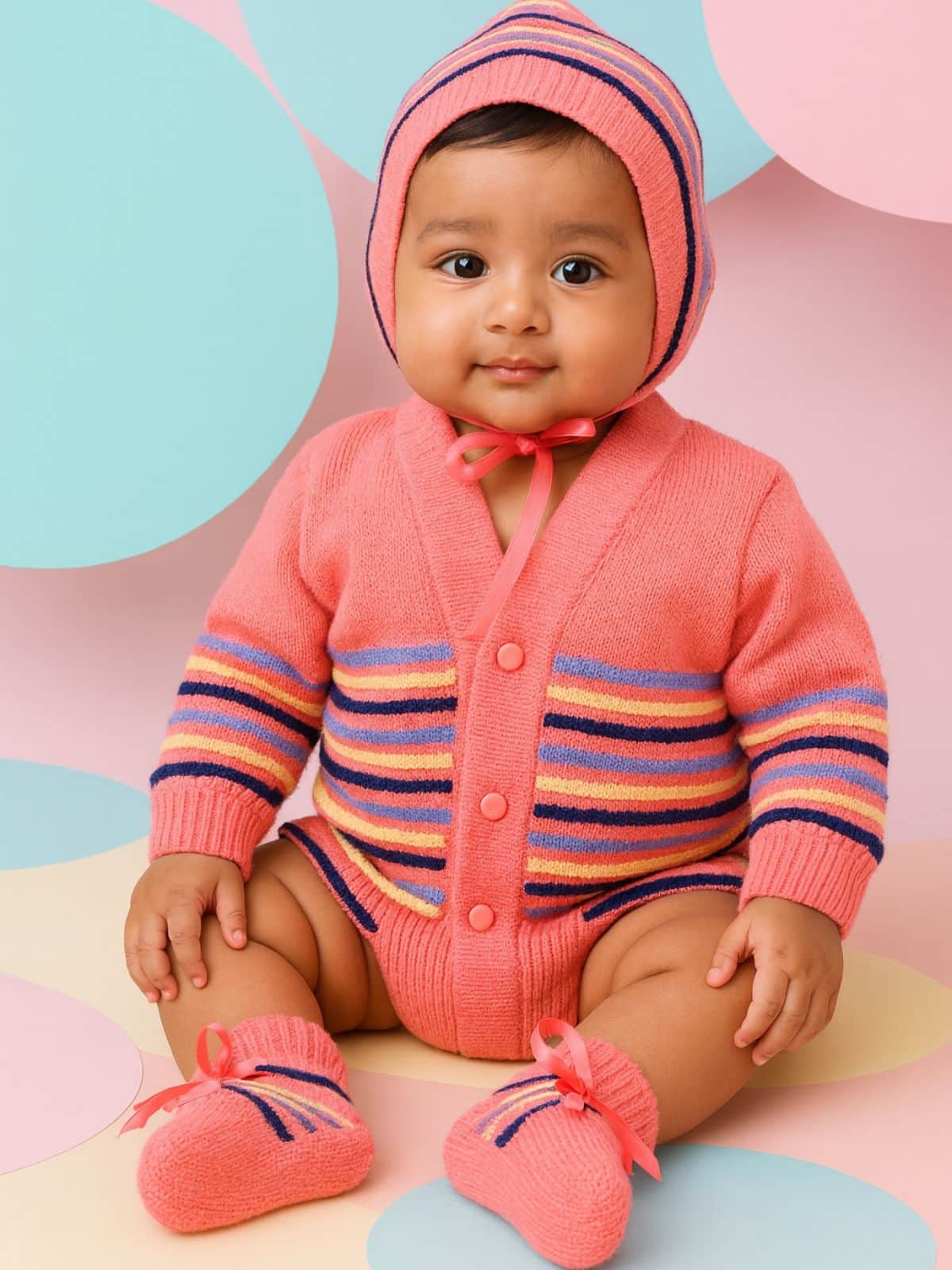 Little Angels Little Angels Sweater Set Baby Wool Full Sleeves V-Neck Bumper Striped Blue 3-Piece Set Sweater Sets Rainbow Snug Bumper Baby Outfit