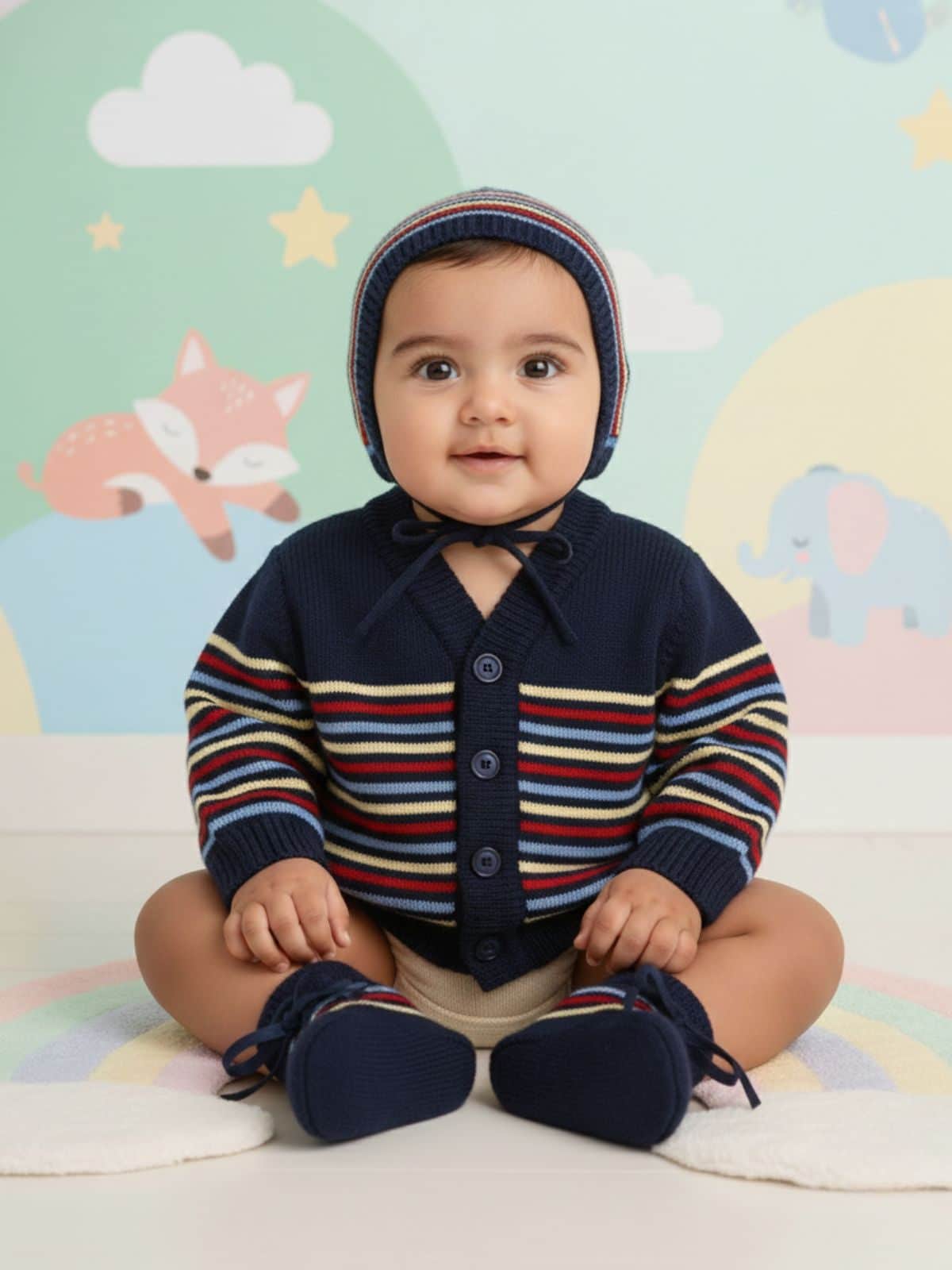 Little Angels Little Angels Sweater Set Baby Wool Full Sleeves V-Neck Bumper Striped Blue 3-Piece Set Sweater Sets Rainbow Snug Bumper Baby Outfit