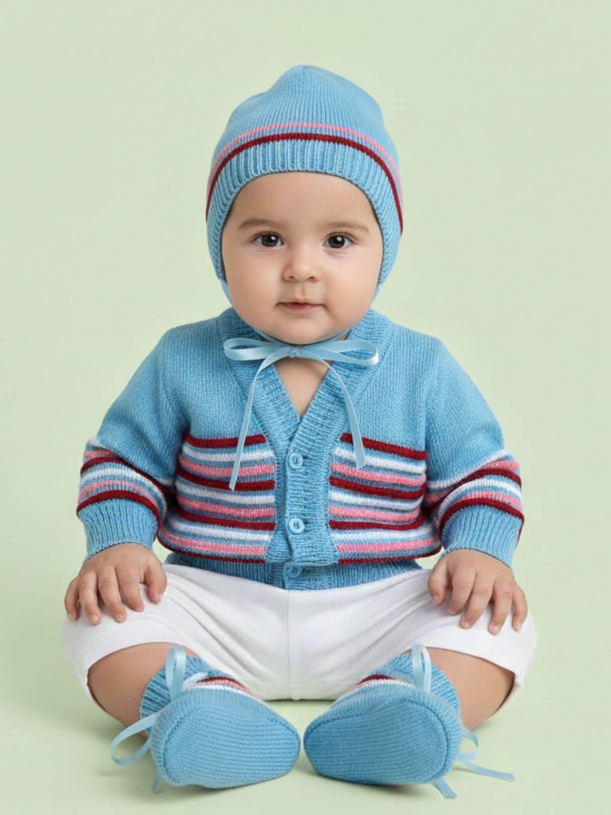 Little Angels Little Angels Sweater Set Baby Wool Full Sleeves V-Neck Bumper Striped Blue 3-Piece Set Sweater Sets Rainbow Snug Bumper Baby Outfit