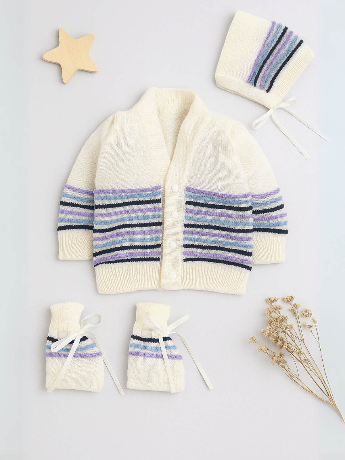Little Angels Little Angels Sweater Set Baby Wool Full Sleeves V-Neck Bumper Striped Blue 3-Piece Set Sweater Sets Rainbow Snug Bumper Baby Outfit 3-6M / Cream / Baby Wool