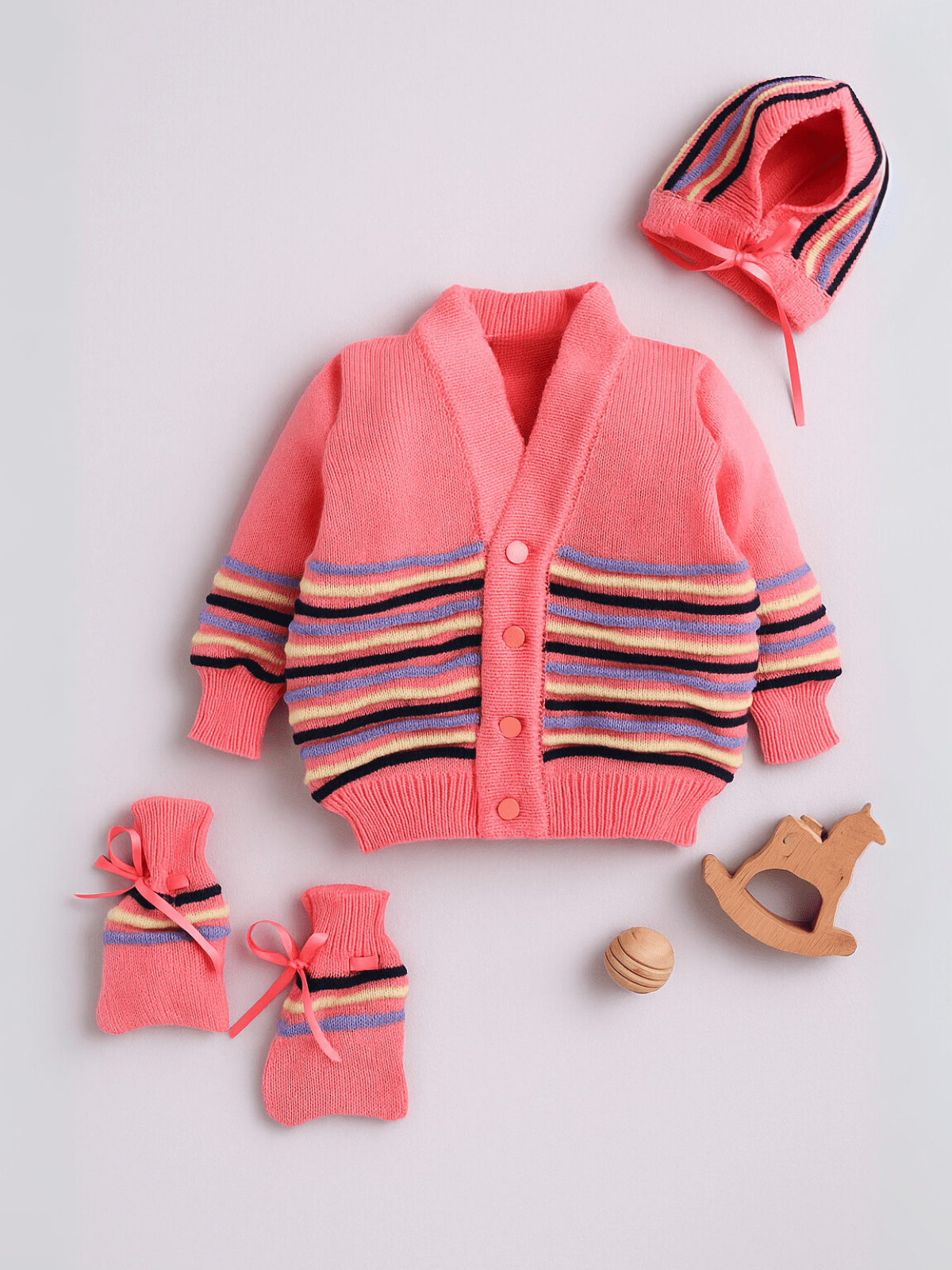 Little Angels Little Angels Sweater Set Baby Wool Full Sleeves V-Neck Bumper Striped Blue 3-Piece Set Sweater Sets Rainbow Snug Bumper Baby Outfit 3-6M / NeonPink / Baby Wool
