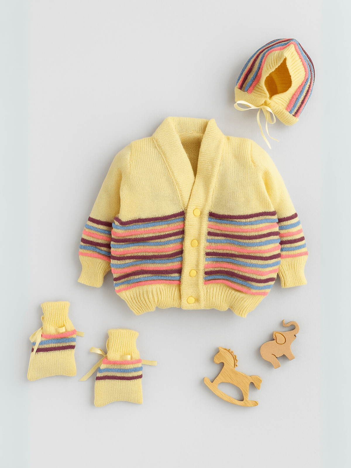 Little Angels Little Angels Sweater Set Baby Wool Full Sleeves V-Neck Bumper Striped Blue 3-Piece Set Sweater Sets Rainbow Snug Bumper Baby Outfit 3-6M / Yellow / Baby Wool