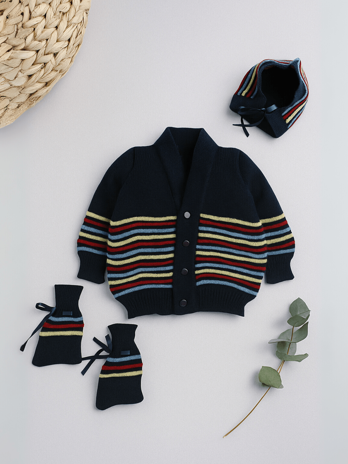 Little Angels Little Angels Sweater Set Baby Wool Full Sleeves V-Neck Bumper Striped Blue 3-Piece Set Sweater Sets Rainbow Snug Bumper Baby Outfit 6-12M / Navy / Baby Wool
