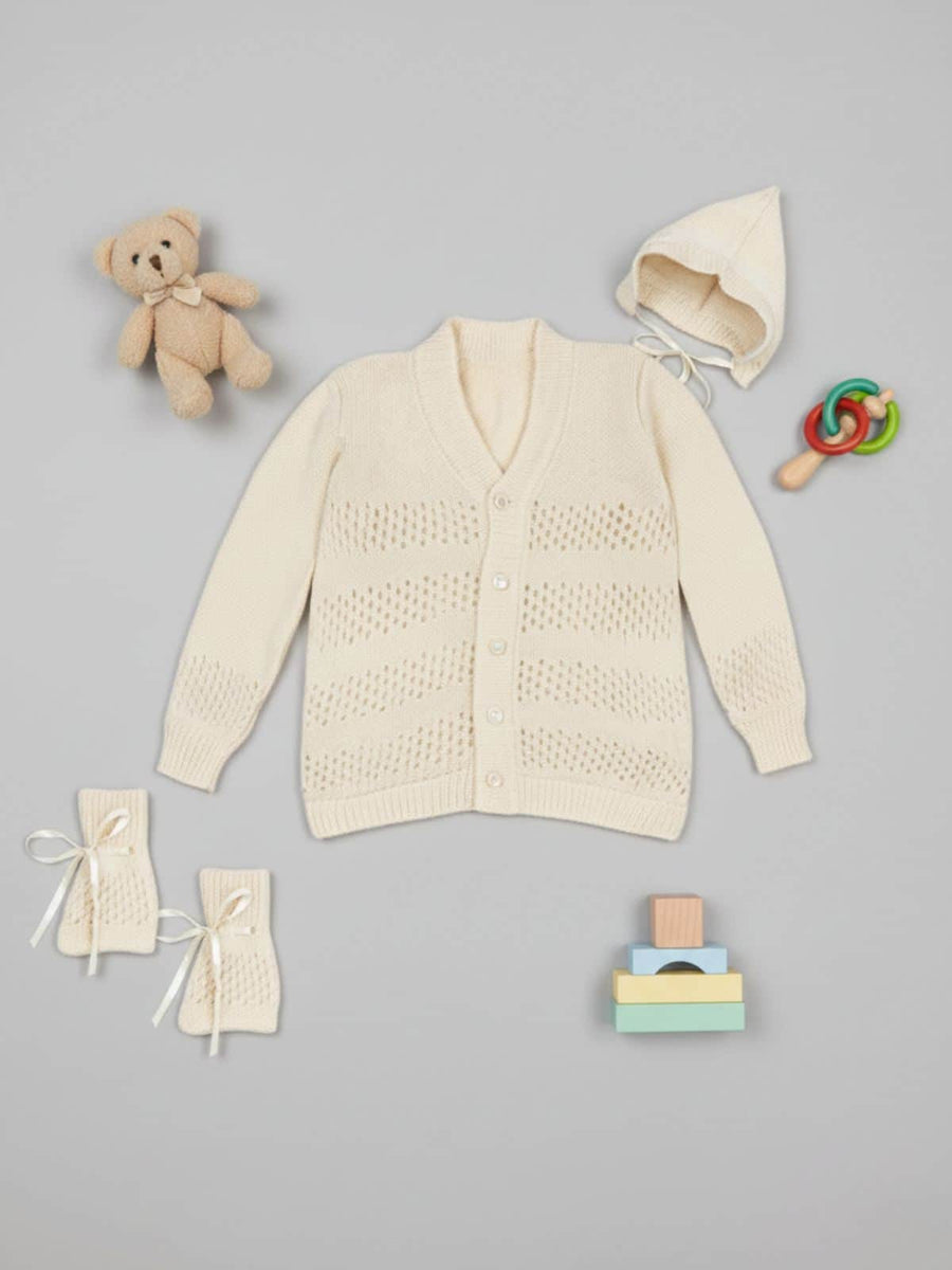 Cream cable knit 3-piece baby wool sweater set for baby 3-12 months by Little Angels