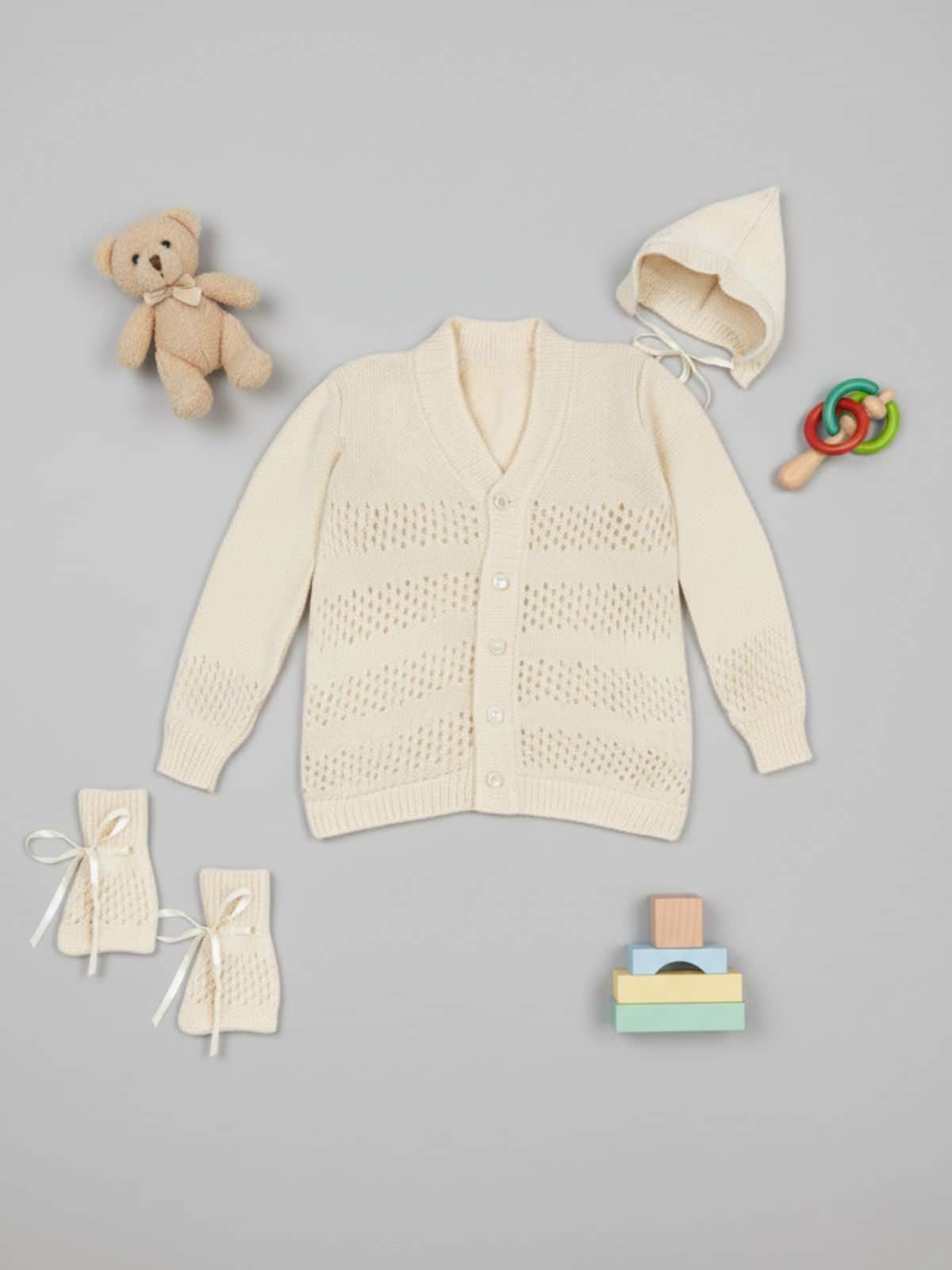 Cream cable knit 3-piece baby wool sweater set for baby 3-12 months by Little Angels