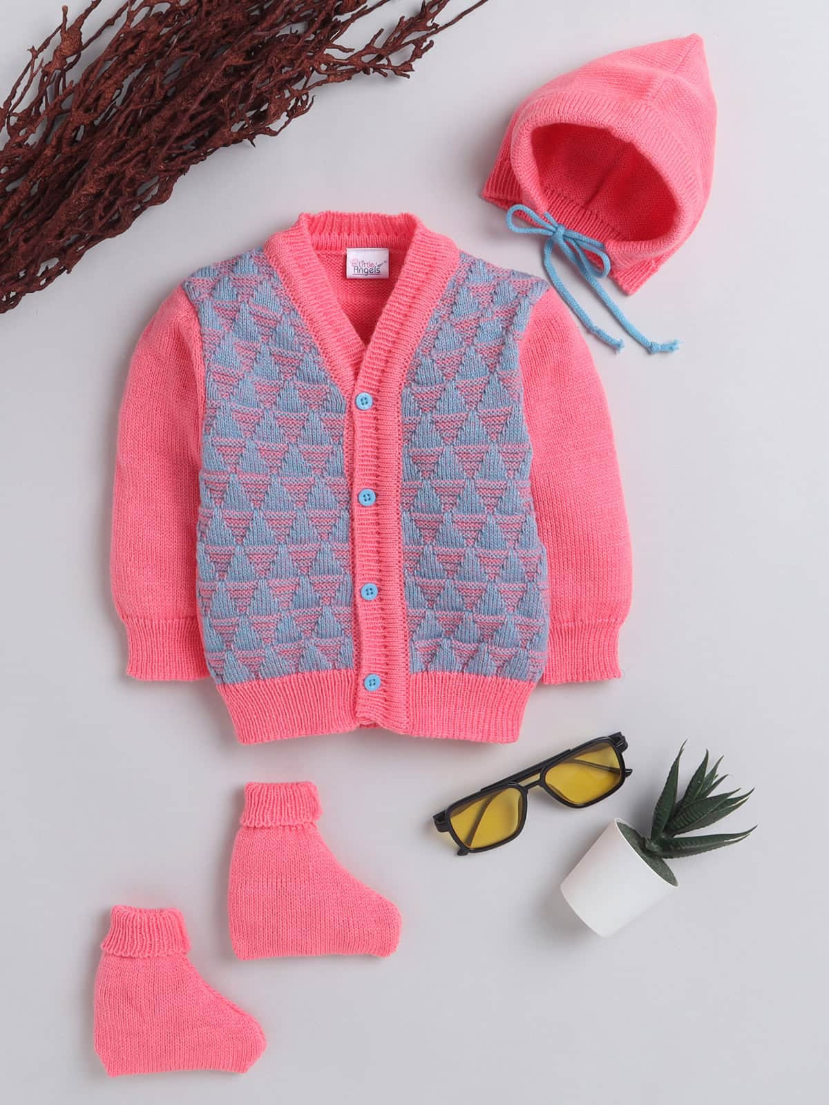 Little Angels Little Angels Sweater Set Baby Wool Full Sleeves V-Neck Textured Triangle Blue & White 3-Piece Set Sweater Sets Snow Cone Snugglewear Set 0-3 M / NeonPink & Blue / Wool