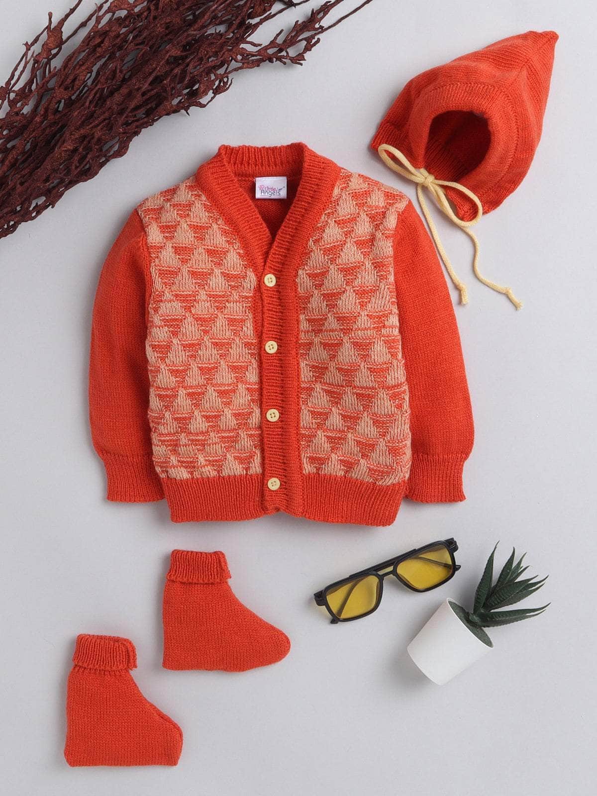 Orange & Yellow triangle knit 3-piece baby wool sweater set for newborn 0-12 months by Little Angels