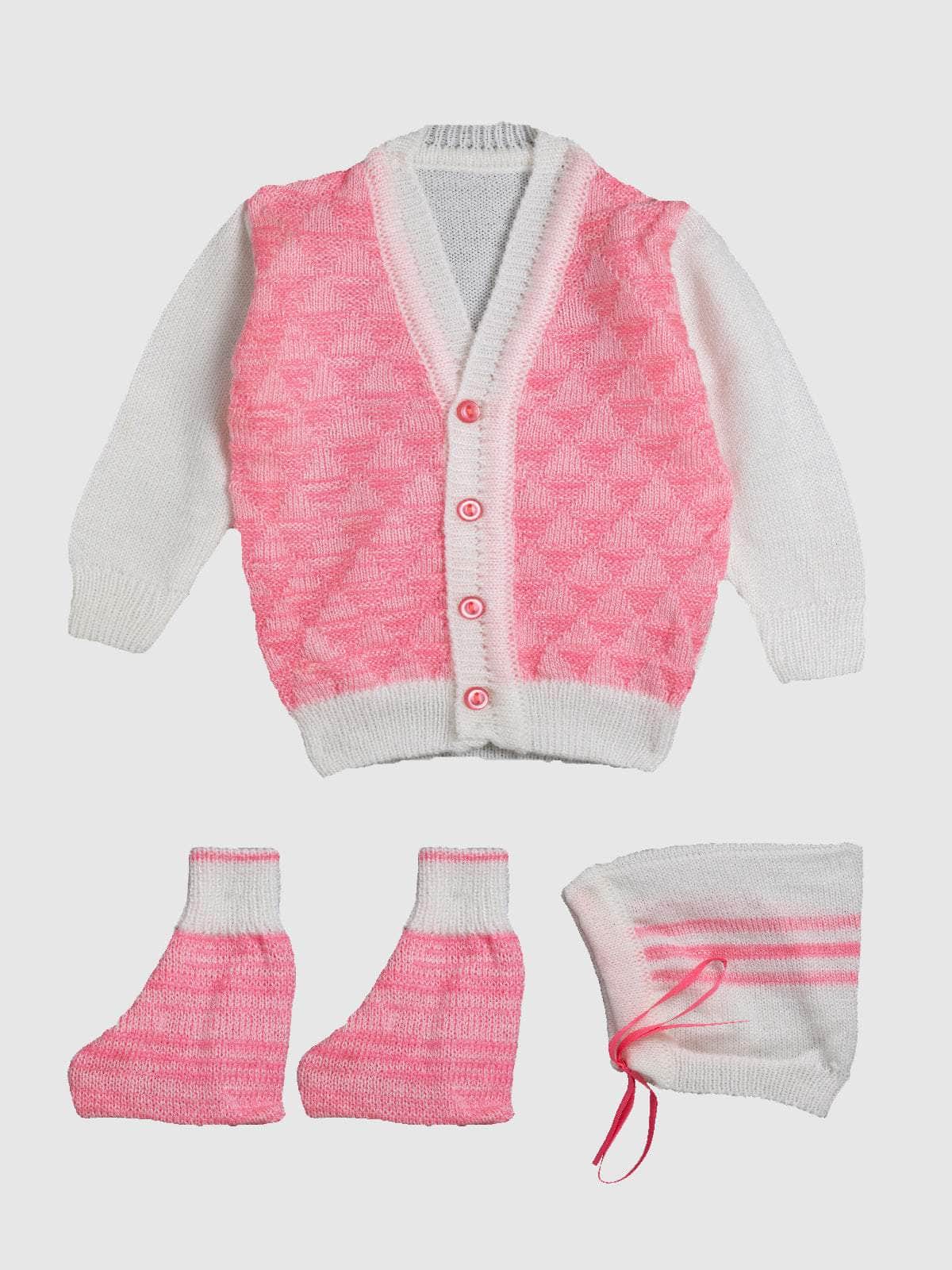 Little Angels Little Angels Sweater Set Baby Wool Full Sleeves V-Neck Textured Triangle Blue & White 3-Piece Set Sweater Sets Snow Cone Snugglewear Set 0-3M / NeonPink & White / Baby Wool
