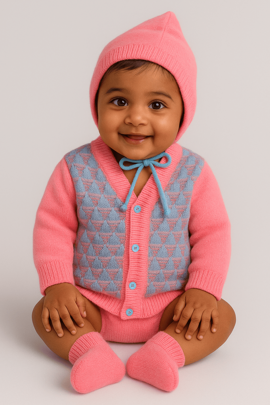 Little Angels Little Angels Sweater Set Baby Wool Full Sleeves V-Neck Textured Triangle Blue & White 3-Piece Set Sweater Sets Snow Cone Snugglewear Set