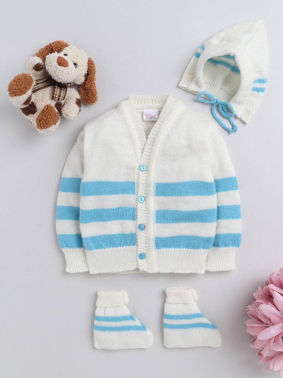 White & Blue striped 3-piece baby wool sweater set for newborn 0-12 months by Little Angels