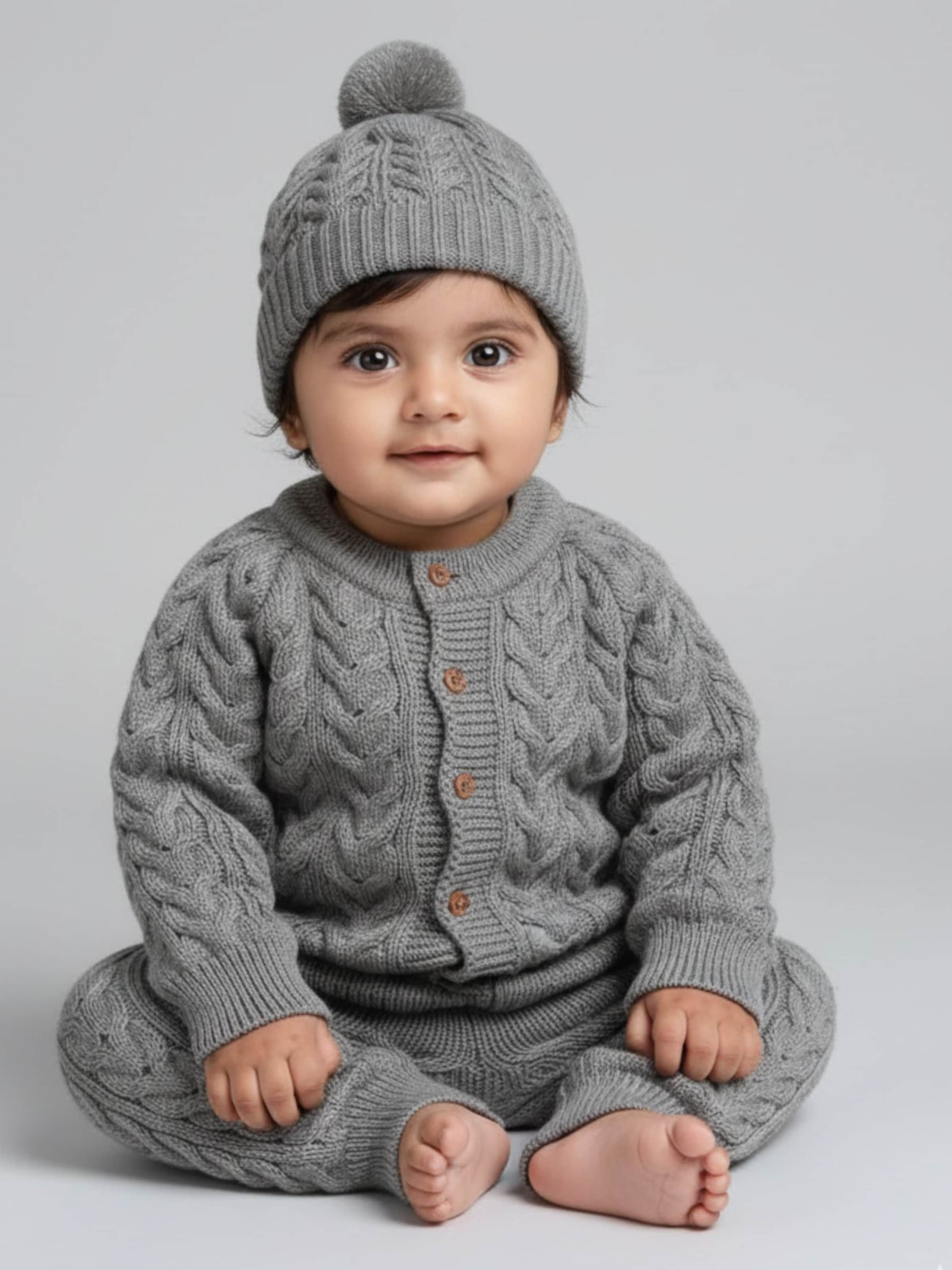 Little Angels Little Angels V-Neck Full Sleeves Full Sleeves Cable Knit Cardigan, Cap & Pants Sweater Sets Snuggle Me Grey Knit Set