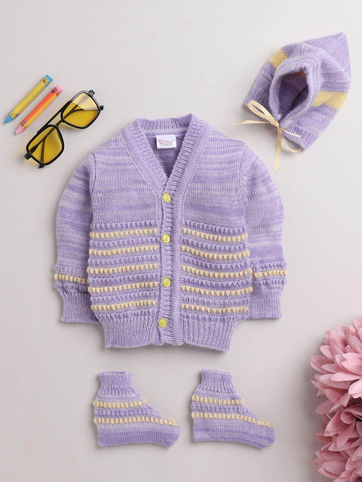 Little Angels Little Angels Sweater Set Baby Wool Full Sleeves V-Neck Striped in a Pearl Pattern Neon Pink 3-Piece Set Sweater Sets Snuggle Time Striped Winter Wear