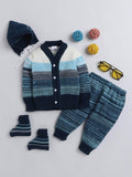 Little Angels Little Angels V-Neck Full Sleeves Textured Color-Block Blue & Multi Cardigan, Pants, Cap & Socks Sweater Sets Stripe Parade Baby Sweater Set 0-3M / Navy & Blue / Baby Wool
