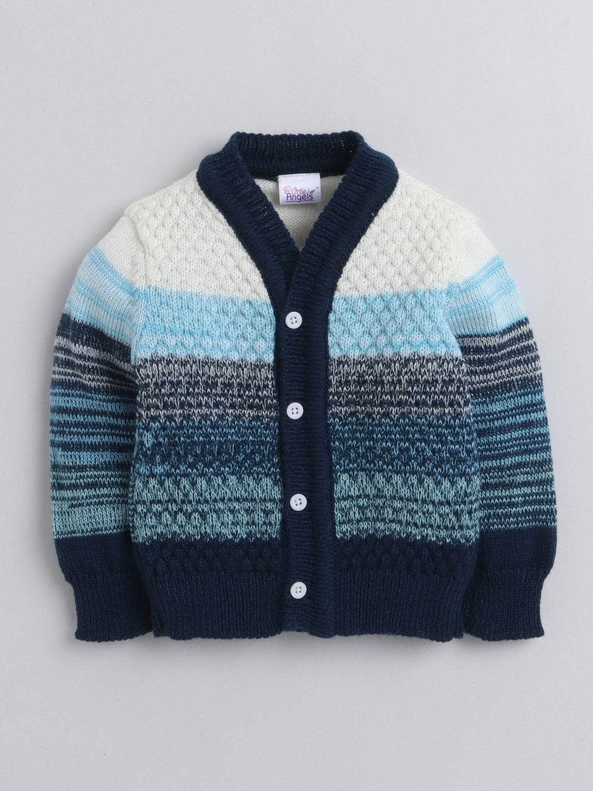 Little Angels Little Angels V-Neck Full Sleeves Textured Color-Block Blue & Multi Cardigan, Pants, Cap & Socks Sweater Sets Stripe Parade Baby Sweater Set