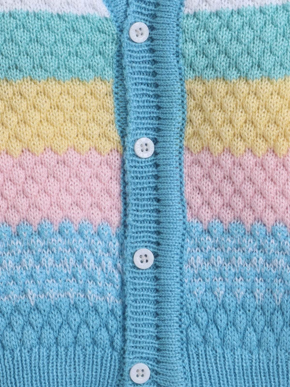 Little Angels Little Angels V-Neck Full Sleeves Textured Color-Block Blue & Multi Cardigan, Pants, Cap & Socks Sweater Sets Stripe Parade Baby Sweater Set