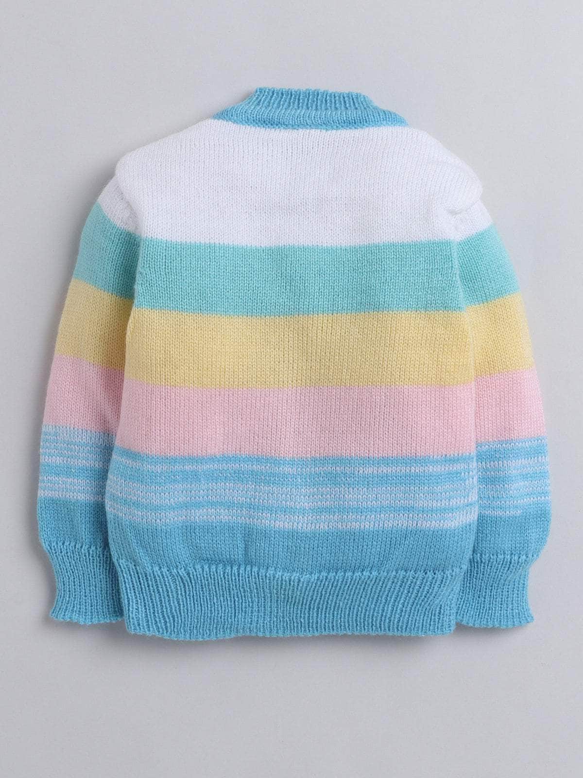 Little Angels Little Angels V-Neck Full Sleeves Textured Color-Block Blue & Multi Cardigan, Pants, Cap & Socks Sweater Sets Stripe Parade Baby Sweater Set