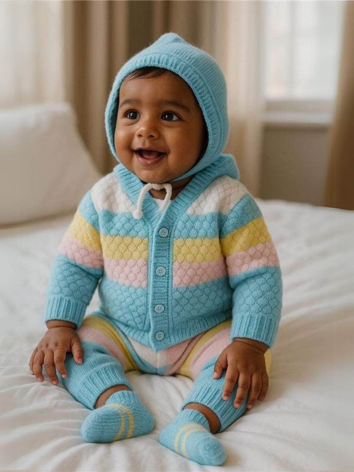 Little Angels Little Angels V-Neck Full Sleeves Textured Color-Block Blue & Multi Cardigan, Pants, Cap & Socks Sweater Sets Stripe Parade Baby Sweater Set