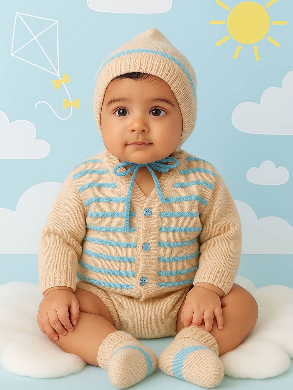 Little Angels Little Angels Sweater Set Baby Wool Full Sleeves V-Neck Bud Striped Peach 3-Piece Set Sweater Sets Stripe Parade Baby Sweater Set