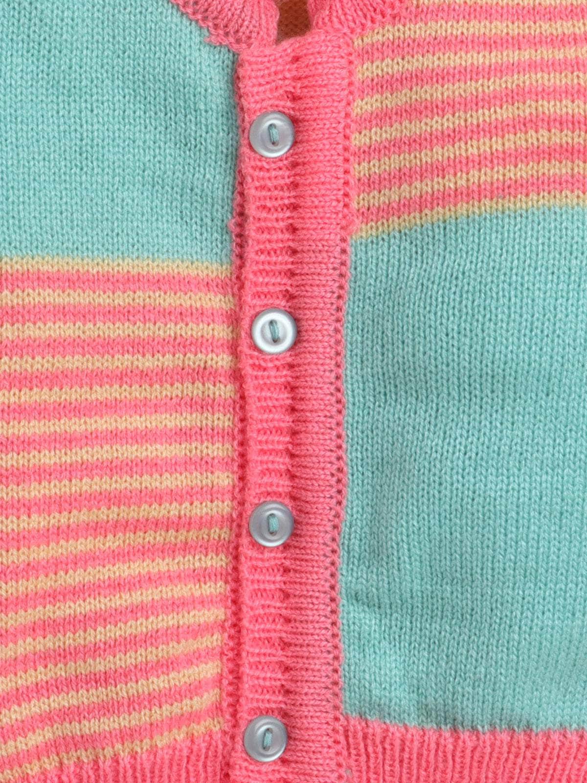 Little Angels Little Angels V-Neck Full Sleeves Striped Green & Neon Pink Cardigan, Pants, Cap & Socks Sweater Sets Stripe & Shine Knit Combo set