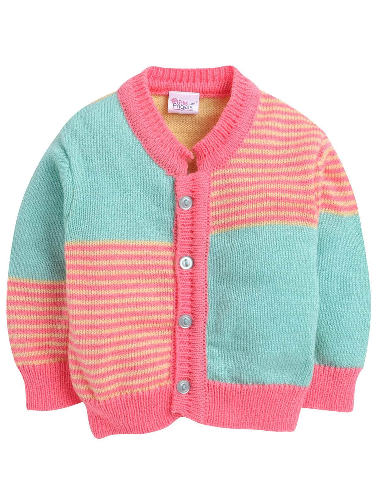 Little Angels Little Angels V-Neck Full Sleeves Striped Green & Neon Pink Cardigan, Pants, Cap & Socks Sweater Sets Stripe & Shine Knit Combo set
