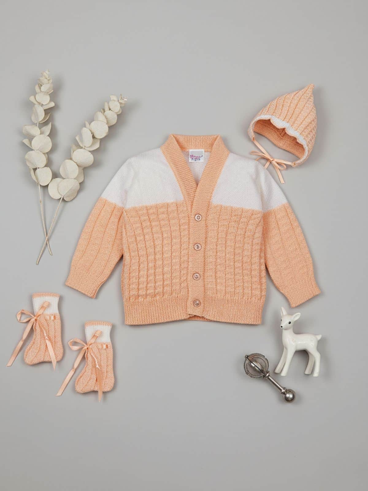 Peach cable knit 3-piece baby wool sweater set for baby 3-12 months by Little Angels