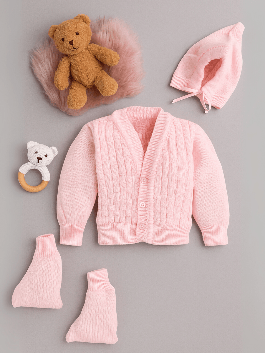 Pink basketweave knit 3-piece baby wool sweater set for newborn 0-12 months by Little Angels