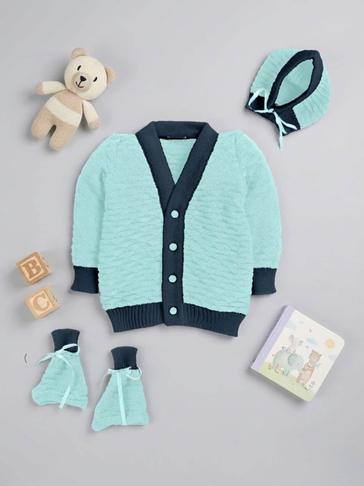Little Angels Little Angels V-Neck Full Sleeves Color-Block with Cable Knit Grey & Navy Cardigan, Pants, Cap & Socks Sweater Sets The Neo-Classic Knitted Sweater Set 0-3 M / Green & Navy / Soft Wool