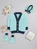 Little Angels Little Angels V-Neck Full Sleeves Color-Block with Cable Knit Grey & Navy Cardigan, Pants, Cap & Socks Sweater Sets The Neo-Classic Knitted Sweater Set 0-3 M / Green & Navy / Soft Wool