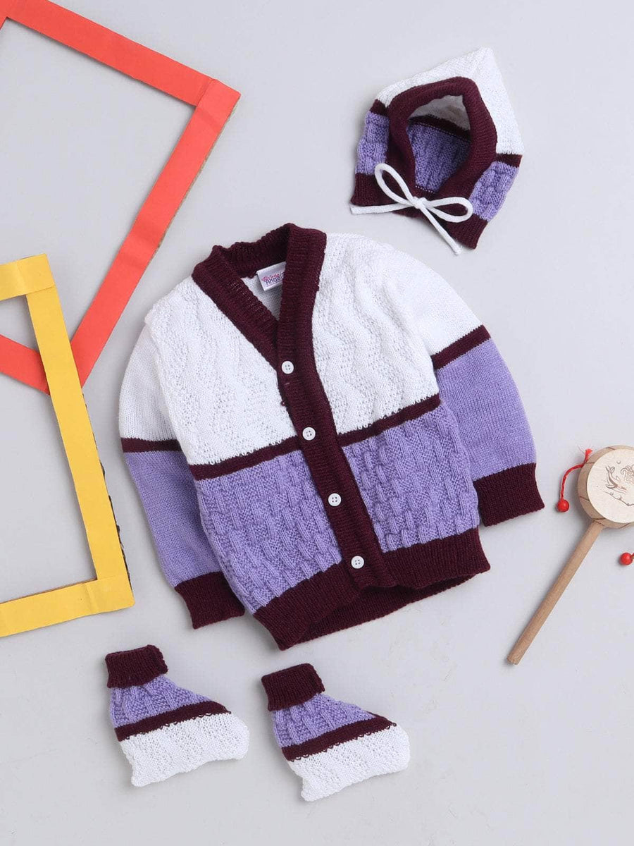 White & Violet striped 3-piece baby wool sweater set for newborn 0-12 months by Little Angels