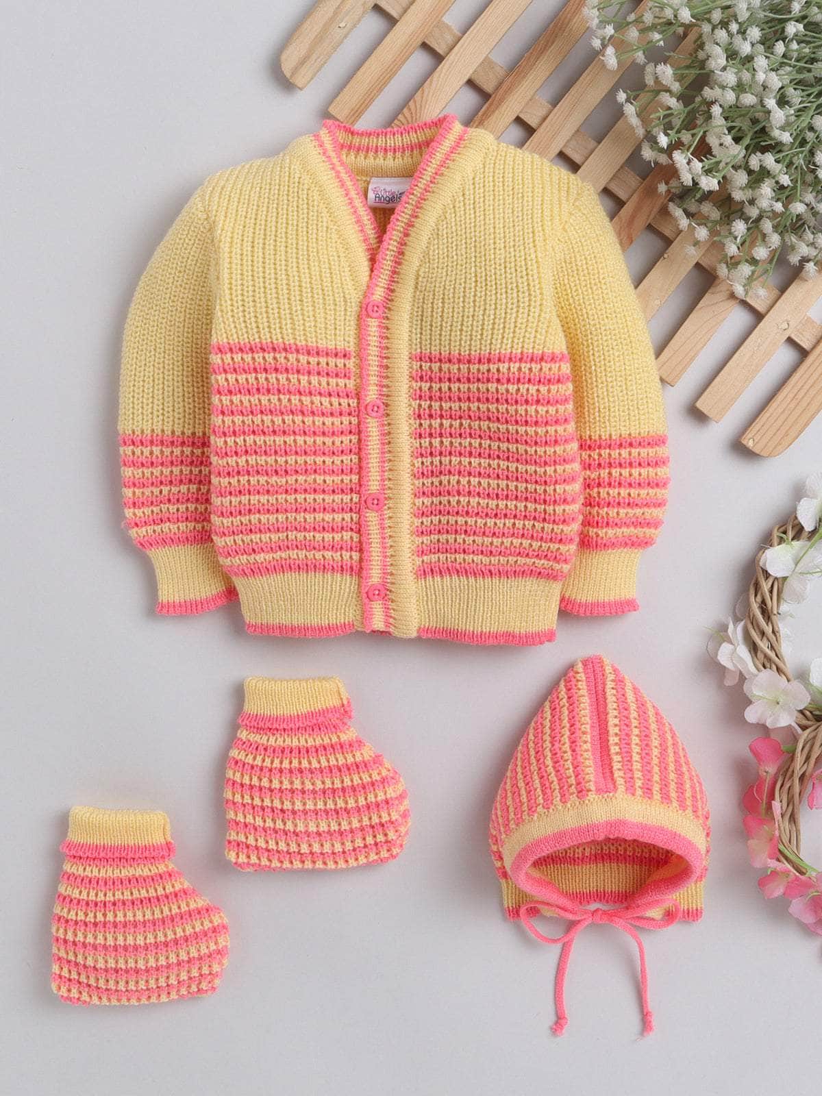 Yellow & Neon Pink striped 3-piece baby wool sweater set for newborn 0-12 months by Little Angels