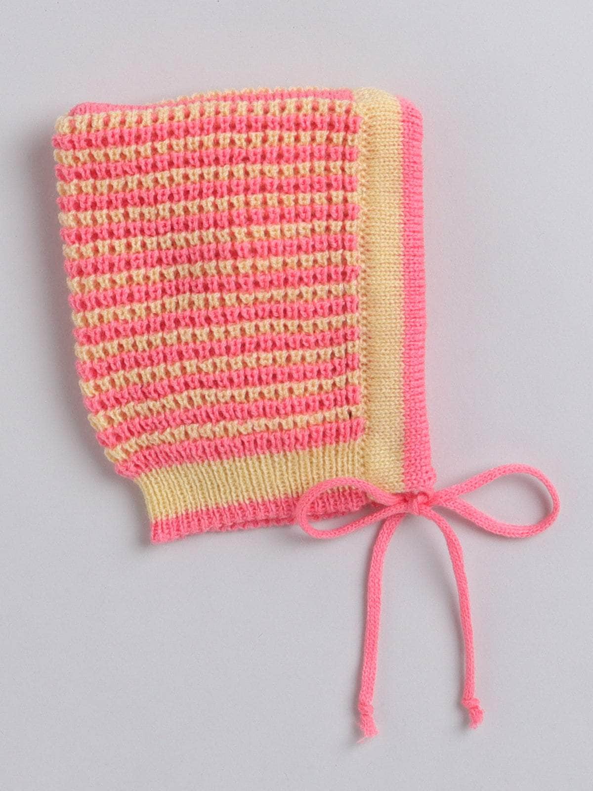 Little Angels Little Angels Sweater Set Baby Wool Full Sleeves V-Neck Striped Yellow & Neon Pink 3-Piece Set Sweater Sets Tickle Twill Baby Knit Set