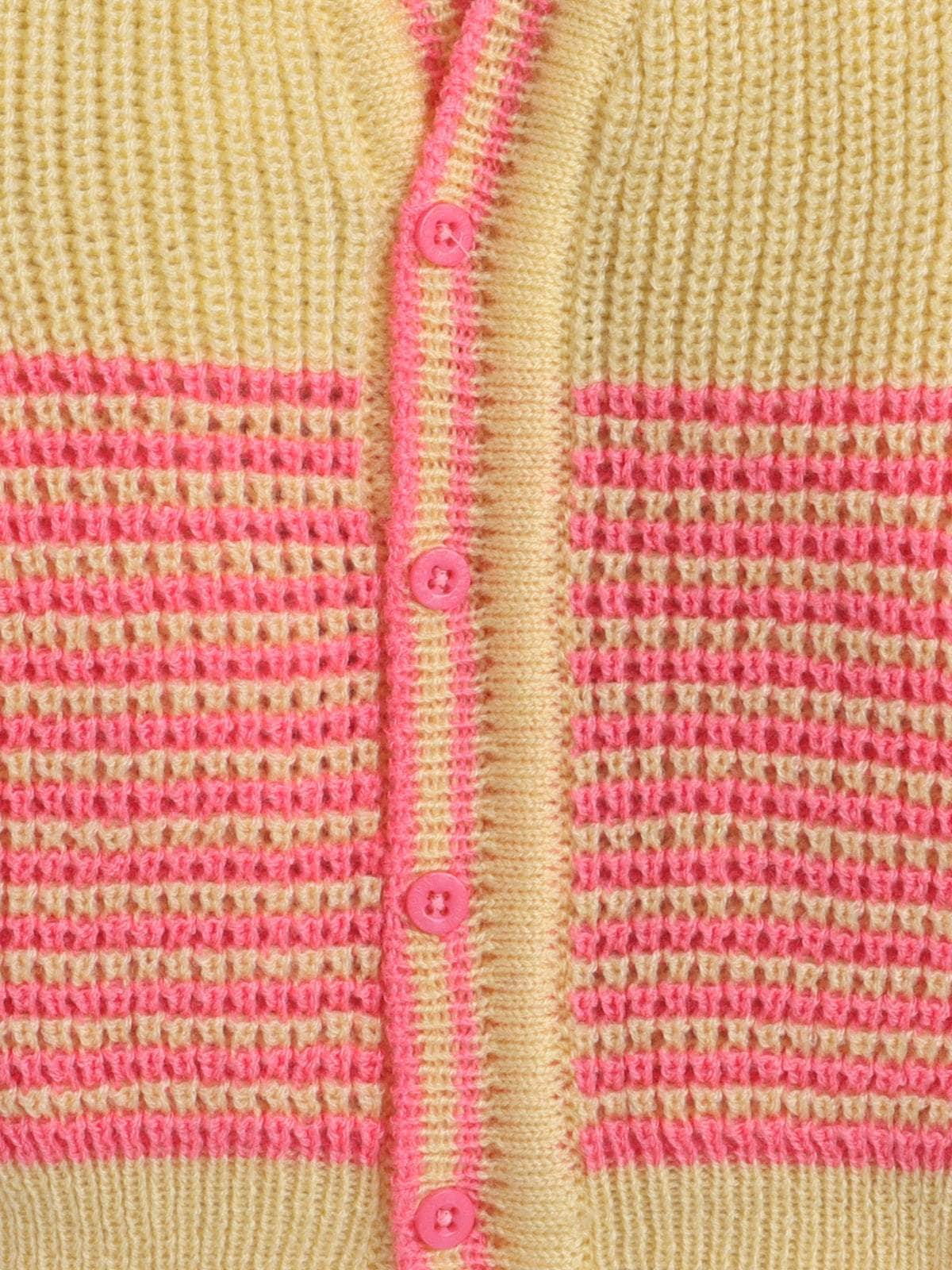 Little Angels Little Angels Sweater Set Baby Wool Full Sleeves V-Neck Striped Yellow & Neon Pink 3-Piece Set Sweater Sets Tickle Twill Baby Knit Set